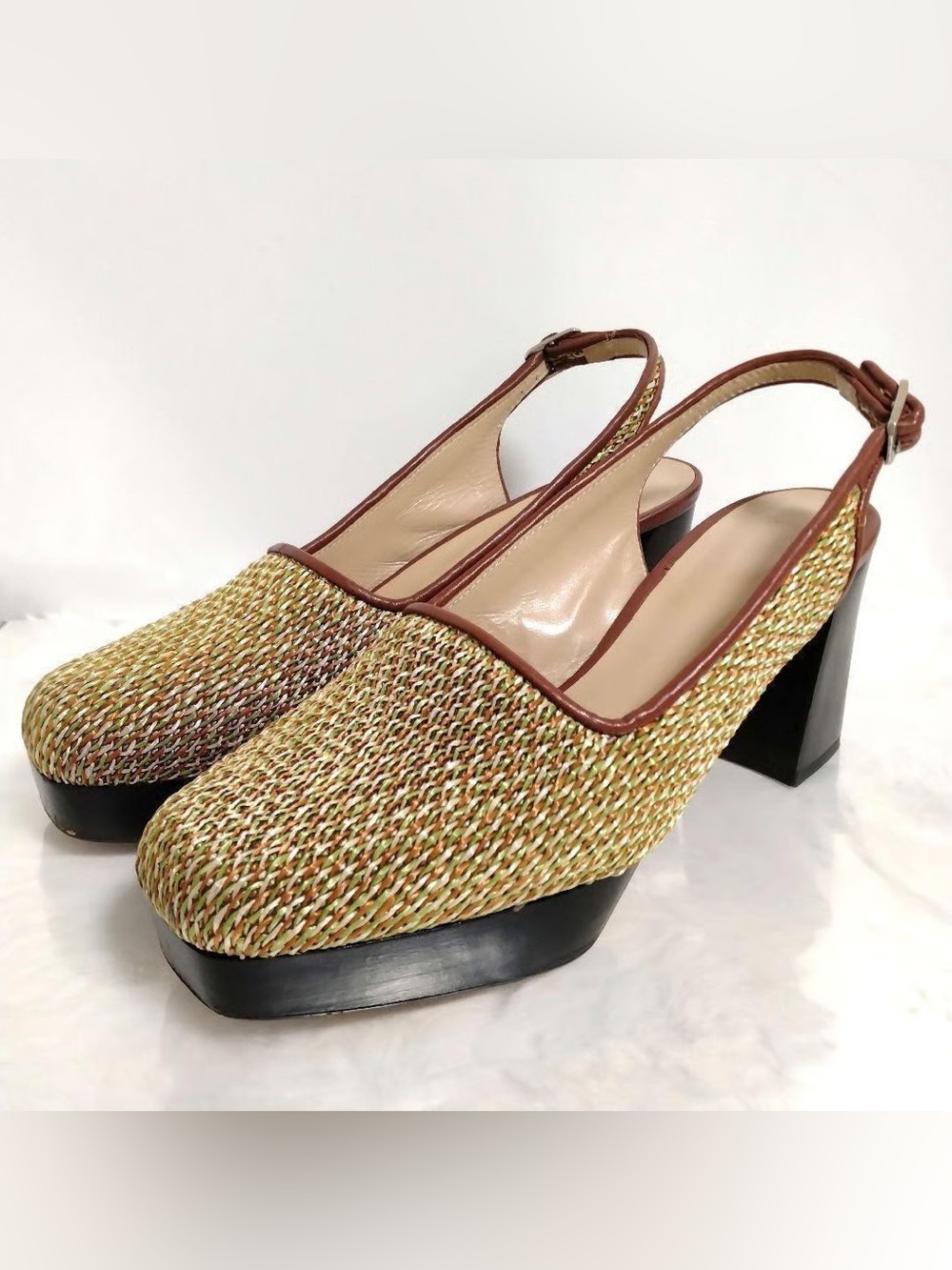 maryam nassir zadeh woven green brown platform sandals chunky heel strap